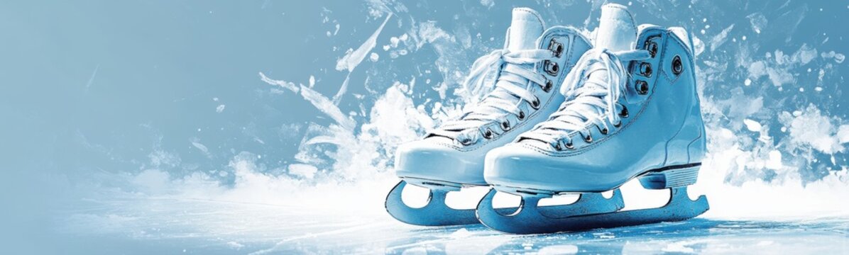 Pair of ice skates that are on the ice