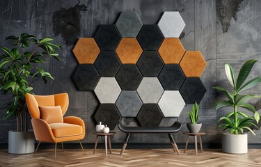 Hexagon felt acoustic panels, modern interior design, soundproofing decor, geometric wall decoration, stylish felt panels for home, acoustic treatment panels