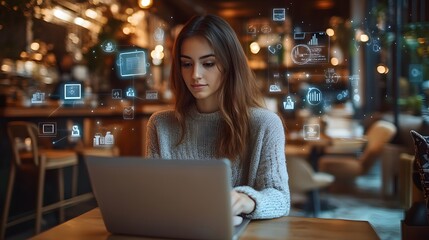 Woman working on a laptop in a cozy café with floating digital icons representing AI and technology