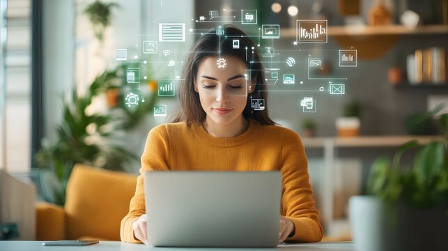 Woman using laptop with floating AI and data elements in a modern bright home office environment