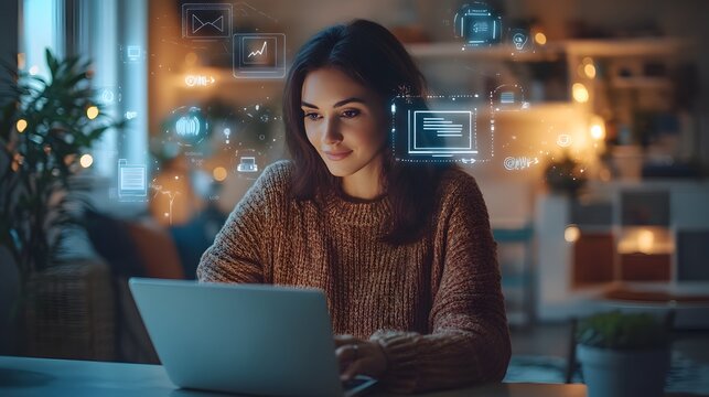 Woman using laptop with floating AI and data elements in a modern bright home office environment