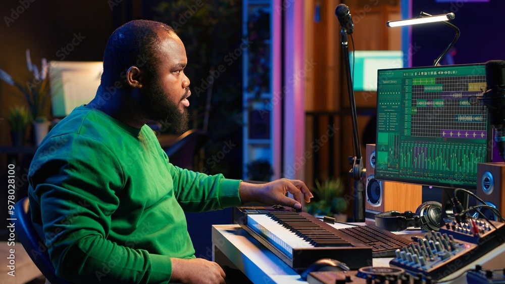 Fototapete sound engineer recording piano notes with daw software in his home studio, working at night on produ