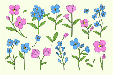 Minimalist Hand Drawn Scorpion Grasses Flower Set – Botanical Illustration of Forget-Me-Not Stems and Leaves for Floral Design, Wedding Invitations, and Home Decor