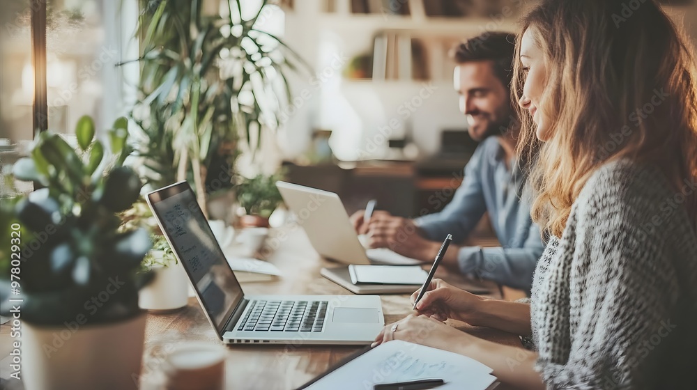 Poster Woman Working on a Laptop at a Desk While a Man Sits Behind Her