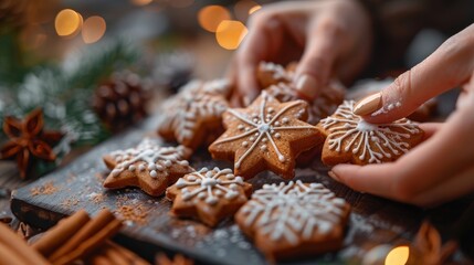 Festive Christmas baking  close up of gingerbread cookies and charming holiday decorations bokeh banner empty space for design