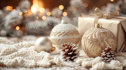 Close up of a Christmas tree adorned with white and gold decorations and wrapped gifts Happy New Year bokeh banner