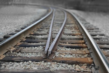 Low angle shot of railroad train tracks with rustic wild west look for a nostalgic theme or background banner