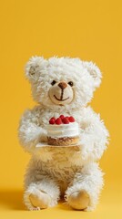 Teddy bear holding a birthday cake with raspberries against a yellow background, perfect for celebrations and advertisements