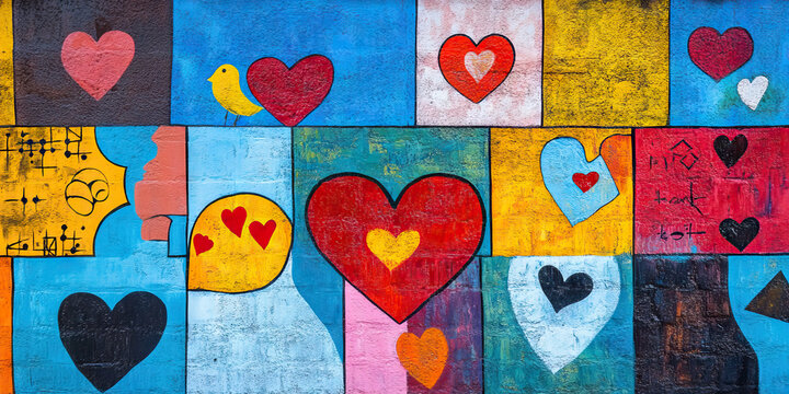 Language of Love: A colorful mural featuring different languages and symbols of love.