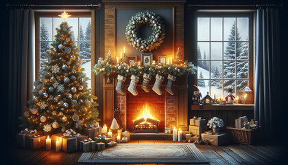 Obraz premium Inviting Christmas scene with tree, fireplace warmth, and snowy view.