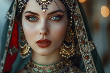 A woman wearing a green and red headpiece with a blue eye