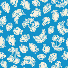 Picnic fruits seamless pattern, summer, vacation, cherry, lemon, orange, watermelon, pineapple, banana, strawberries vector hand draw, background, print, textile, fashion, fabric, wallpaper