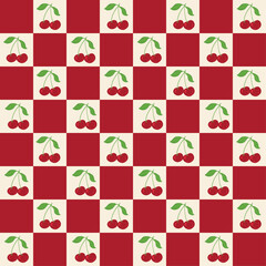 Picnic fruits seamless pattern, summer, vacation, cherry, checkered, vector hand draw, background, print, textile, fashion, fabric, wallpaper