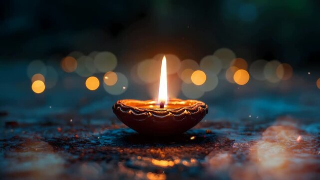 stunning traditional oil lamp, a clay diya candle, is glowing in celebration of Diwali, a Hindu festival of lights, set against bokeh background
