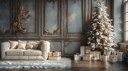 Obraz premium Elegant home interior featuring a festive Christmas tree adorned with white and gold decorations banner empty space for design