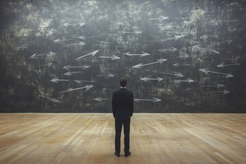 Single person standing in large room with arrows pointing in all directions on blackboard symbolizing complexity strategic analysis and decision making in professional or academic environment