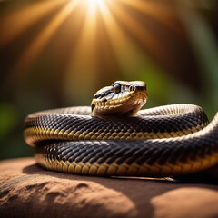 Obraz premium Chinese New Year 2025, animal symbol Zodiac Snake. Black gold gradient oriental snake lying in sunlight. Wallpaper, background, print production. Copy space