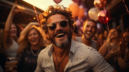 Obraz premium Group of friends celebrating Birthday on luxury yacht at exclusive boat party.