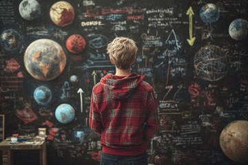Student standing before a chalkboard filled with arrows and planetary symbols visualizing complex choices scientific exploration and decision making in an educational or research setting