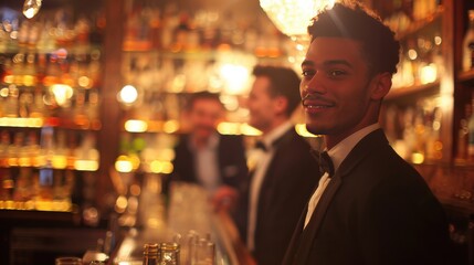 Bartender serving cocktails in a busy upscale bar at night