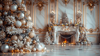 Obraz premium Close up of a beautifully decorated Christmas tree with white and gold accents in a cozy home bokeh banner empty space for design