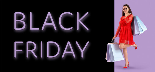 Beautiful young happy woman with shopping bags on purple background. Summer sale concept