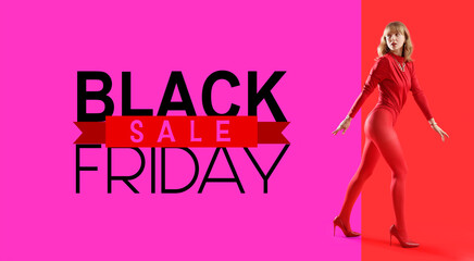 Stylish young woman on red background