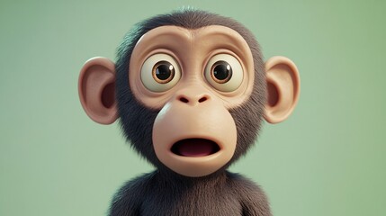 Surprised cartoon monkey with wide eyes on green background