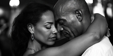 A couple dancing together, their bodies moving in perfect sync to an unheard melody.