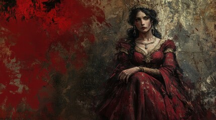 A Woman Wearing a Crown and Red Dress in a Grungy Setting