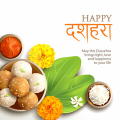 Greeting card with traditional sweets (laddu, rasgulla), bidi leaf (Apta, Bauhinia), rice and kumkum for Navratri festival with hindi text meaning Dussehra (Hindu fest Vijayadashami). Vector.