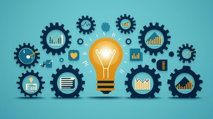 Business Achieve Success Goal Business icons like gears, charts, and a glowing lightbulb, symbolizing success strategies, no face, flat design illustration