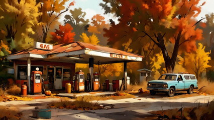 Autumn colors - Painting depicting an abandoned vintage gas station with a blue truck among yellow trees and fallen leaves in autumn season in a sunny day