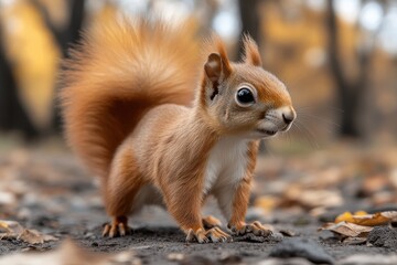 Obraz premium Red Squirrel in an Outdoor Park: Playful and Lively Wildlife Photography