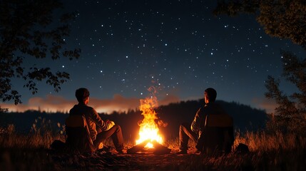 Two friends enjoy a peaceful night by the campfire, surrounded by a starry sky and the sounds of nature.