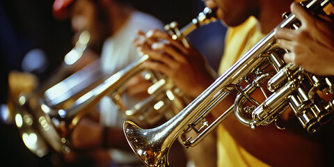 Fototapeta premium Jazz Jamboree: Musicians jamming together informally, their instruments almost tangled in a warm embrace.