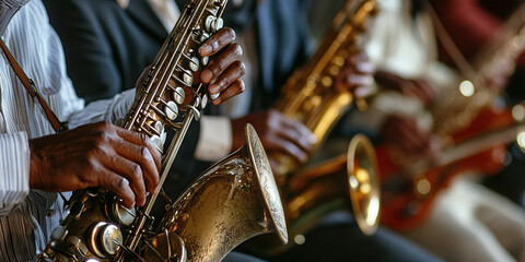 Jazz Jamboree: Musicians jamming together informally, their instruments almost tangled in a warm...