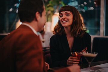 A cheerful woman sharing a lively conversation over cocktails with a friend in a dimly lit, cozy bar setting.