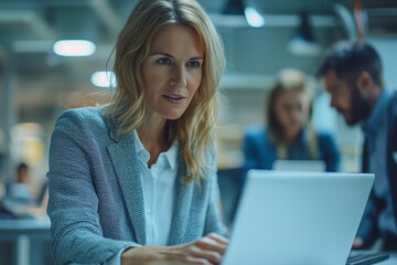 Fototapeta premium Focused Businesswoman Working on Laptop in Modern Office