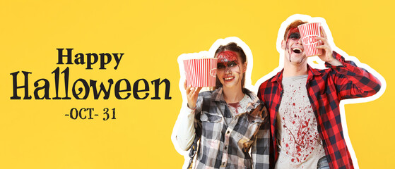 Young couple dressed for Halloween with popcorn on yellow background