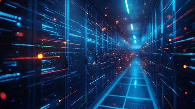 Futuristic server room with digital data streams in blue and orange