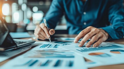 Businessman analyzing financial graphs and data reports