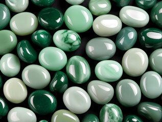 Polished green and jade stones arranged closely, showing smooth texture and natural beauty.