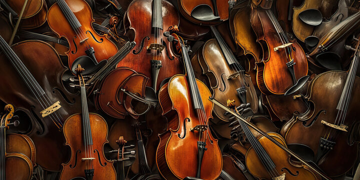 A mess of tangled violin, viola and cello strings, ready for a concert.