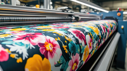 A machine is making a long piece of fabric with flowers on it. The machine is blue and silver
