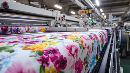 A machine is printing a floral pattern on a piece of fabric. The machine is in a factory setting