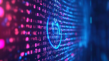 Binary code with glowing digital circle in a futuristic cyber environment