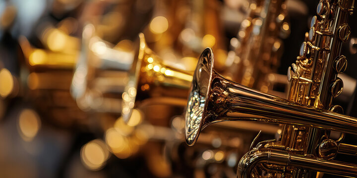 Harmonic Haze of Brass: A row of gleaming trumpets, saxophones, and trombones.