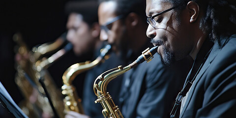 Jazzy Sway of Reeds: A group of soprano, alto, tenor, and baritone saxophones.