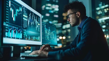 Focused businessman analyzing financial charts on multiple monitors